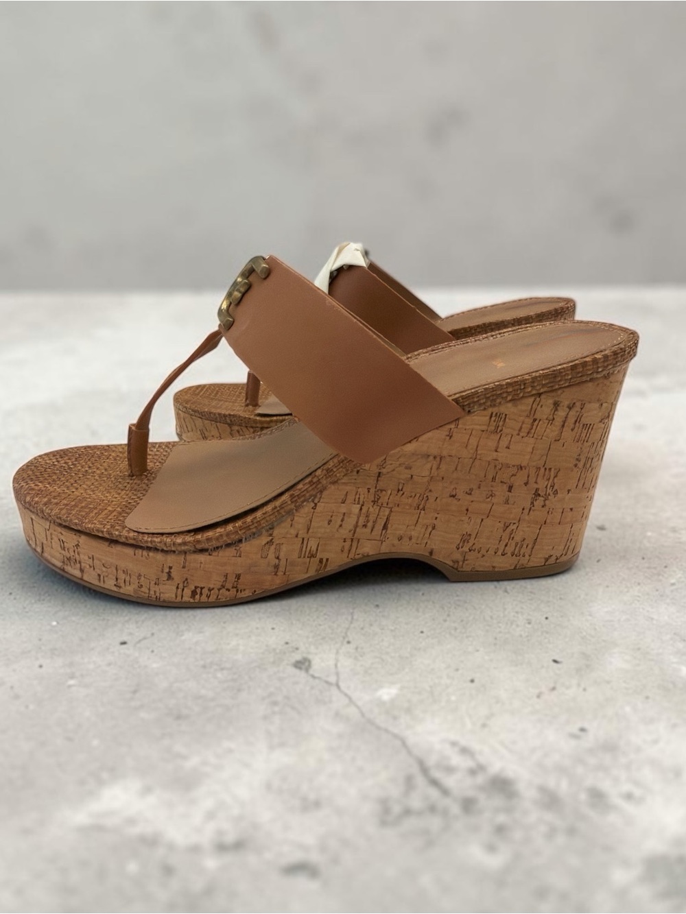 Sam Edelman Brown Cork Thong Wedge Sandals with Gold Accent - Picture 3 of 5